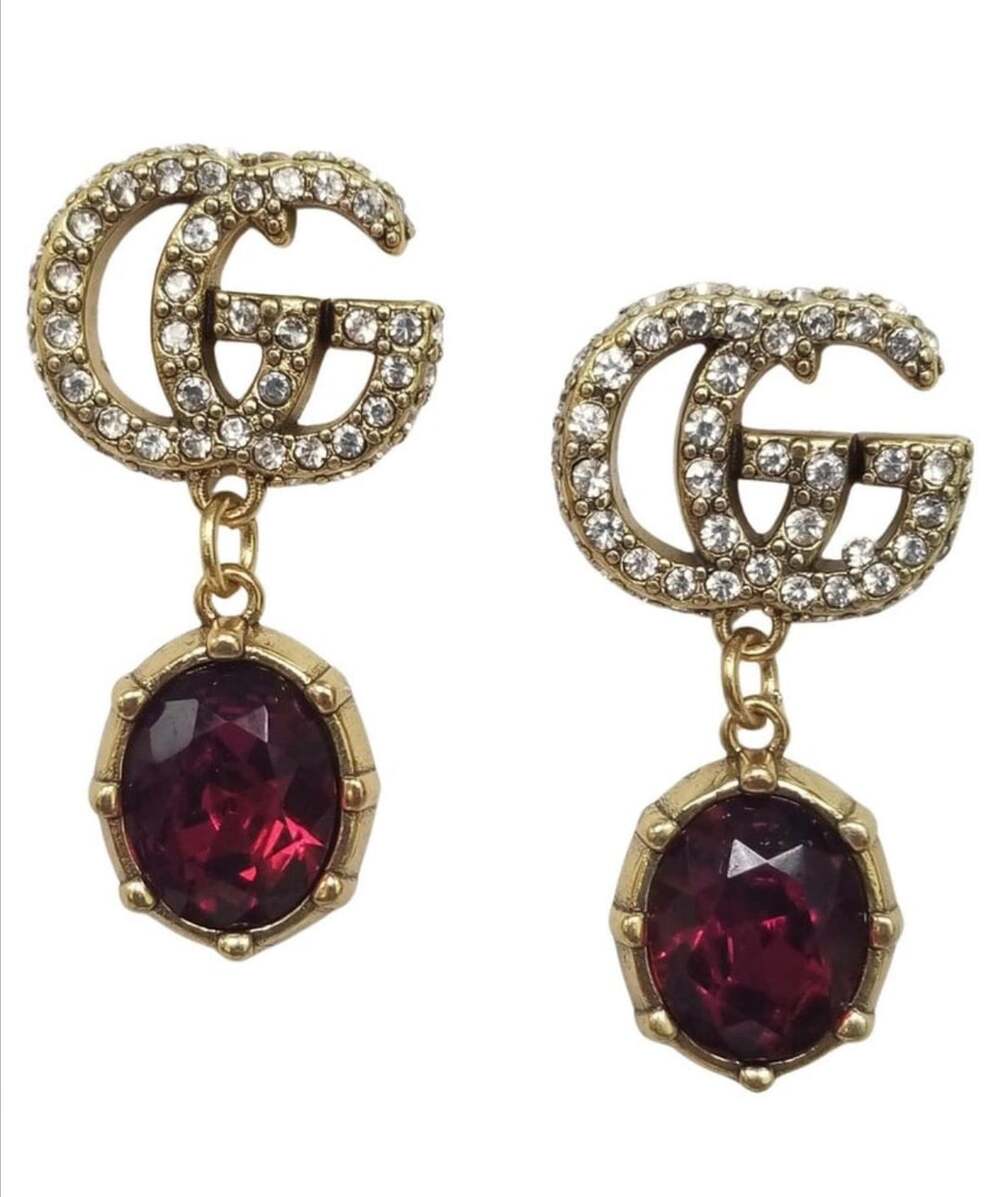 Gucci Double G Crystal Red Stone Dangle Earrings in Gold